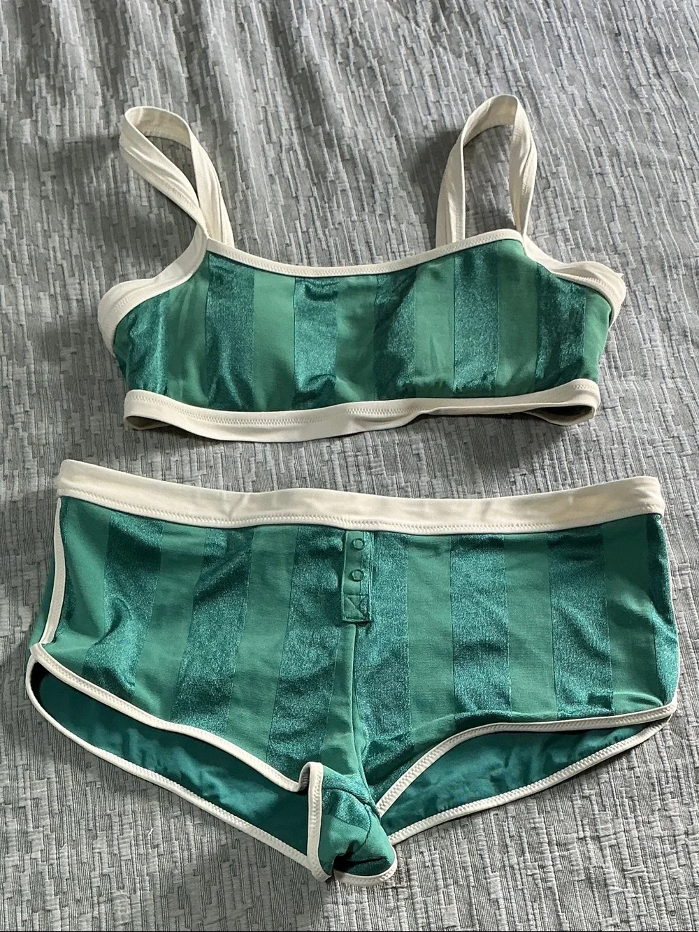 aerie Green Striped Bikini Top & Boyshorts Set with Cream Trim - Picture 1 of 2